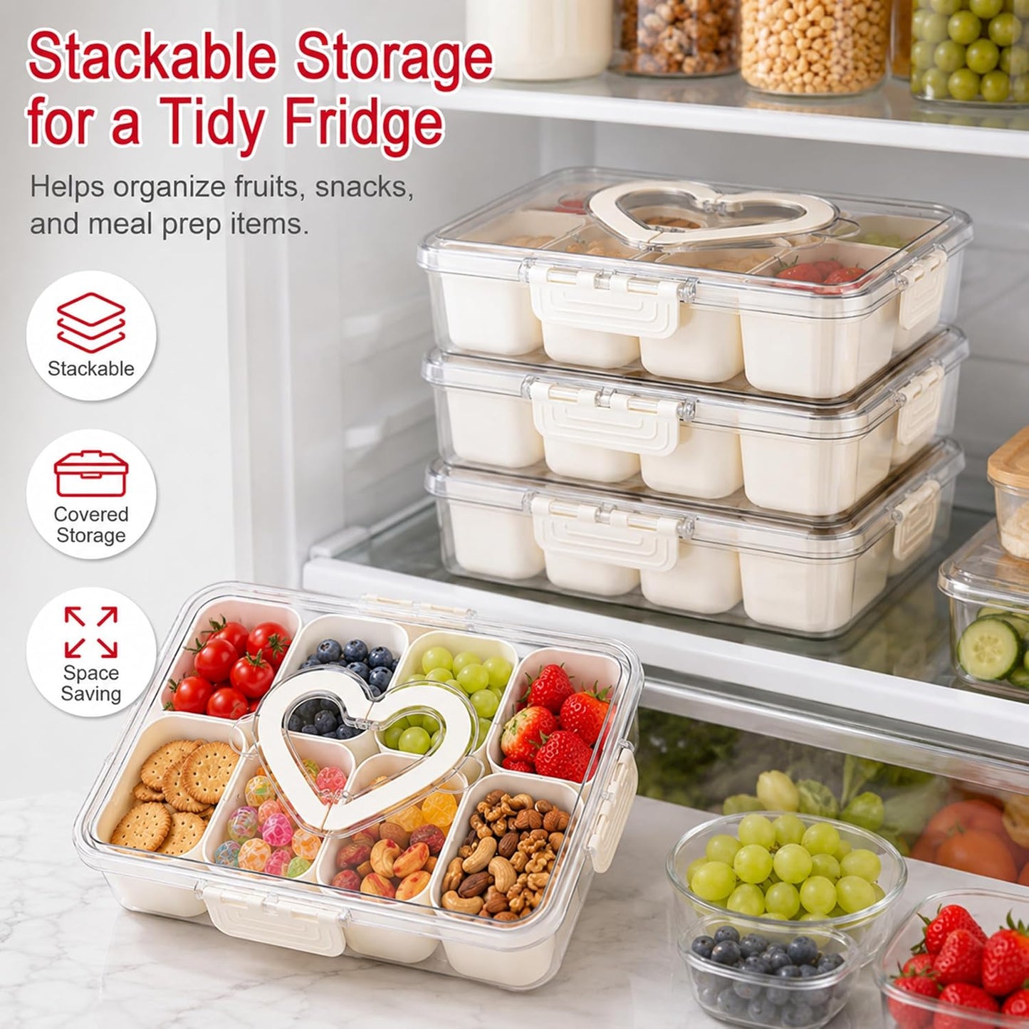 2 Pack Snackle Box Container with 8 Removable Compartments, Portable Snack Tray with Lid and Handle for Travel, Camping, Picnic, Party, Game Day & Movie Night