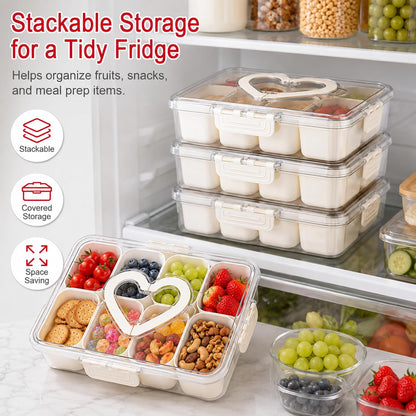 2 Pack Snackle Box Container with 8 Removable Compartments, Portable Snack Tray with Lid and Handle for Travel, Camping, Picnic, Party, Game Day & Movie Night