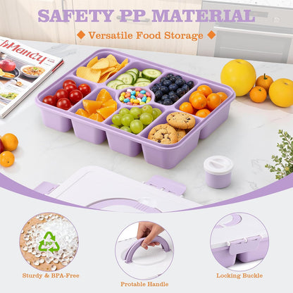 Snackle Box Container, Divided Serving Tray with Lid and Handle, 9 Compartments Snack Box Container for Adults, Portable Charcuterie Serving Platter for Candy Fruit, 9.9 Cups, White Grey