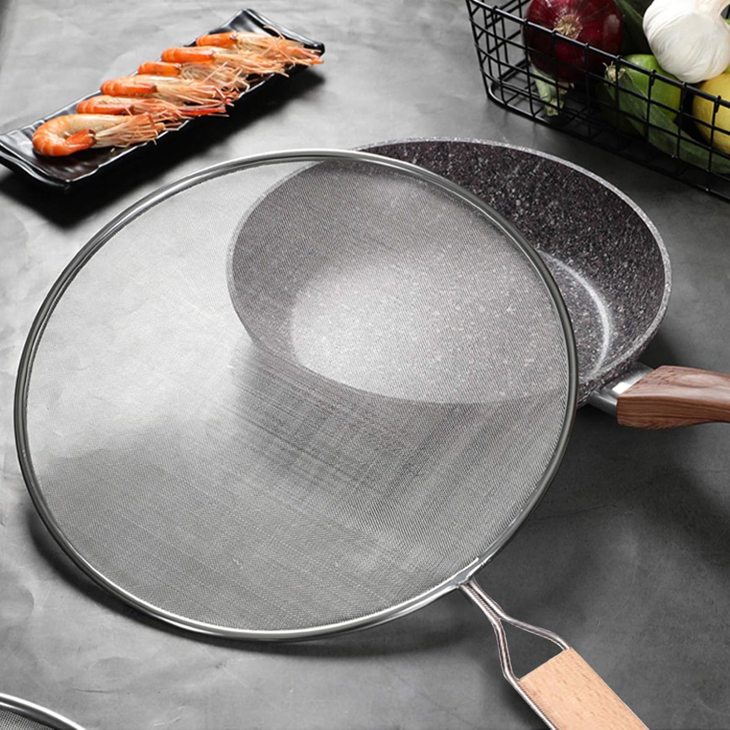 3 Pieces Grease Splatter Screen for Frying Pan, Splatter Guard Mesh Stainless Steel Grease Guard Shield for Kitchen Frying Pan Cooking Supplies Set of 9.44", 10.8" and 12.5" inch (Wood Handle)