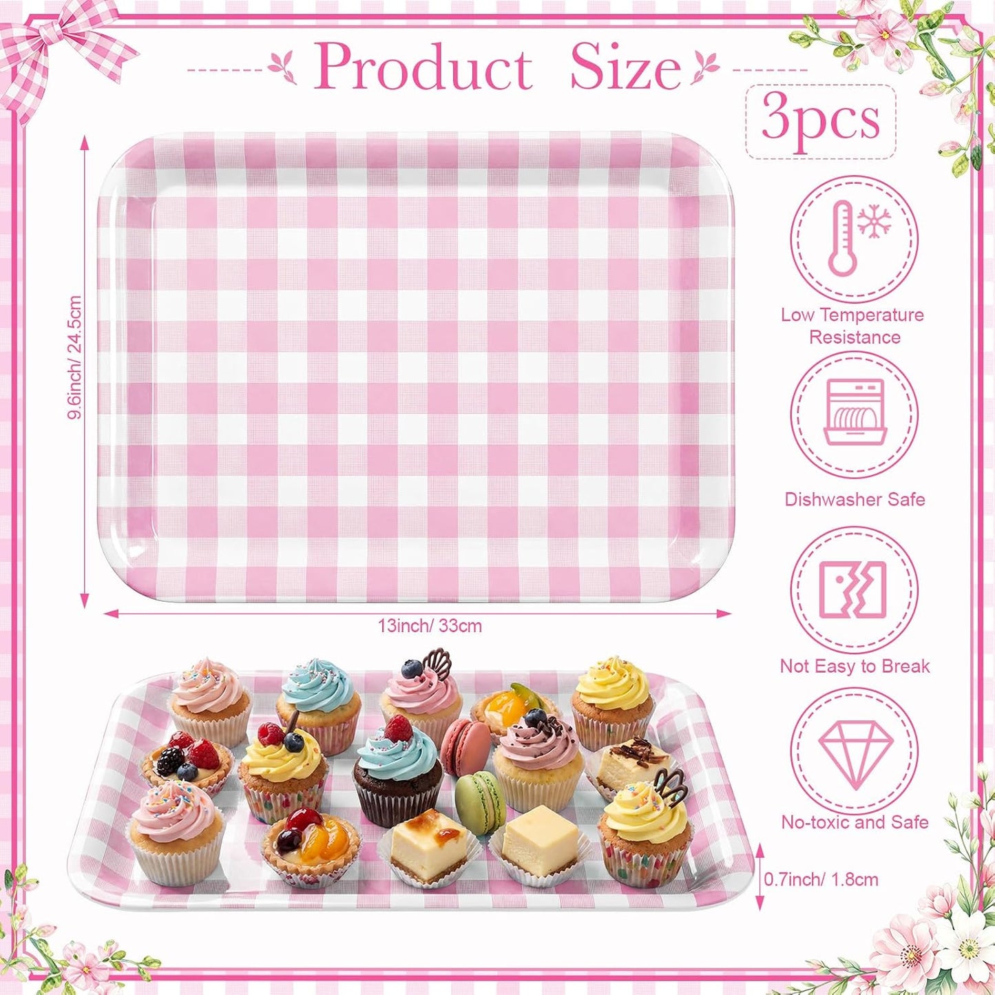 Vesici 3 Pcs Cherry Bow Serving Trays 13 x 10 Inch Pink Bow Cherry Melamine Platters Reusable Rectangular Serving Dishes for Coquette Wedding Baby Shower Birthday Party Sharing Snack Fruit Dessert