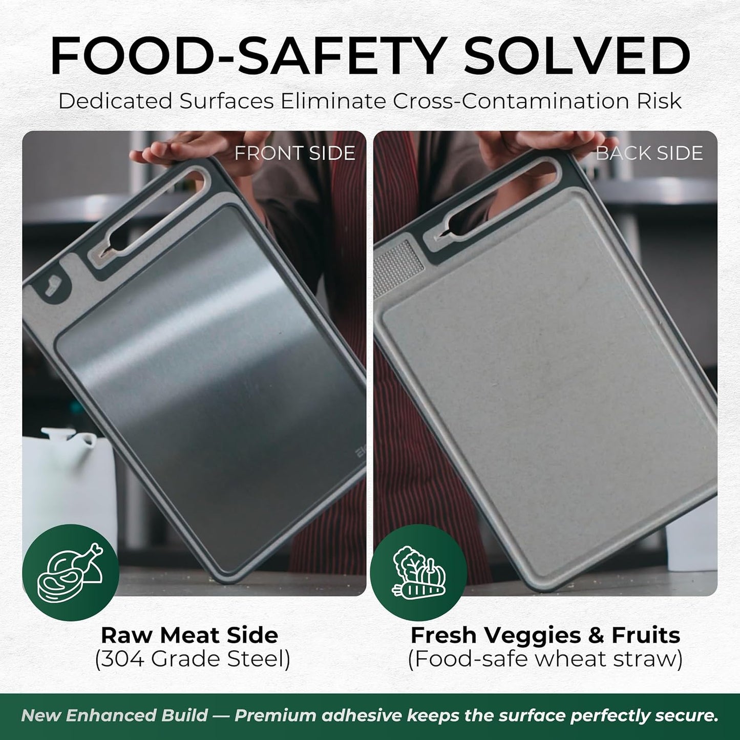 Stainless Steel Cutting Board Kitchen Set - Double Sided Stainless Steel Chopping Board With Sharpener Scraper And Finger Guard, Non Slip Edges, Dishwasher Safe Over Sink With Lip, 3 Piece