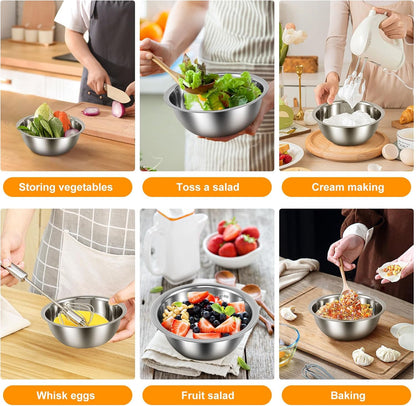 10 Pack Stainless Steel Bowls, Nesting Mixing Bowl Set with Scale Marks, 5 Different Size (4.5, 3,2,1.5,0.7QT) Baking Metal Mixing Bowls for Kitchen Food Prep Storage And Serving, Cooking, Baking (10)