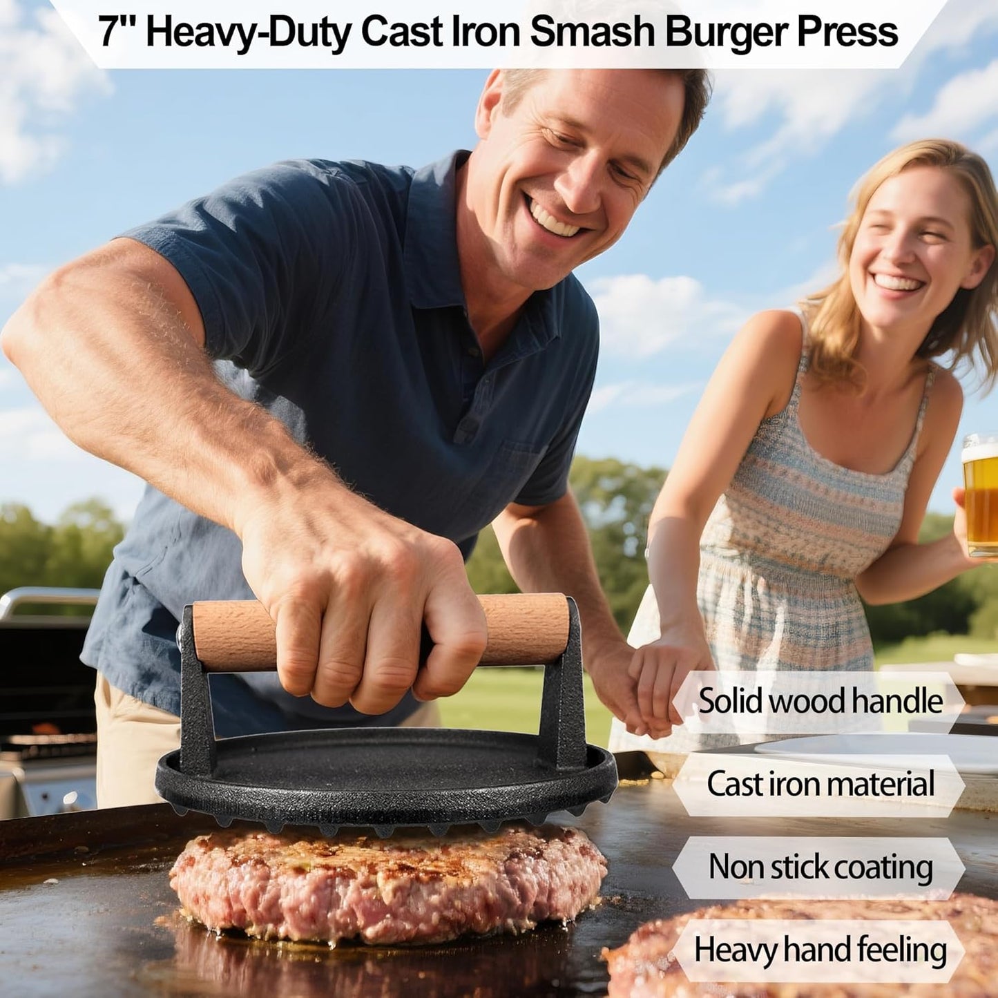 7" Cast Iron Smash Burger Press, Hamburger Press Patty Maker, Stainless Steel Spatula, Nonstick Patty Papers, Seasoning Shaker and Brush, Smash Burger Press Kit for Blackstone Griddle Grills