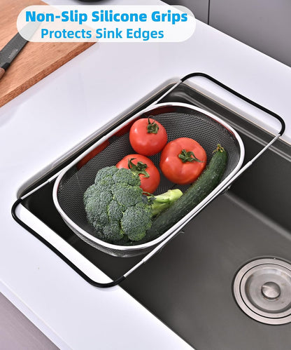 Over The Sink Colander, Stainless Steel Expandable Strainer Basket, Extendable Handles, Dishwasher Safe for Pasta Vegetables Fruits