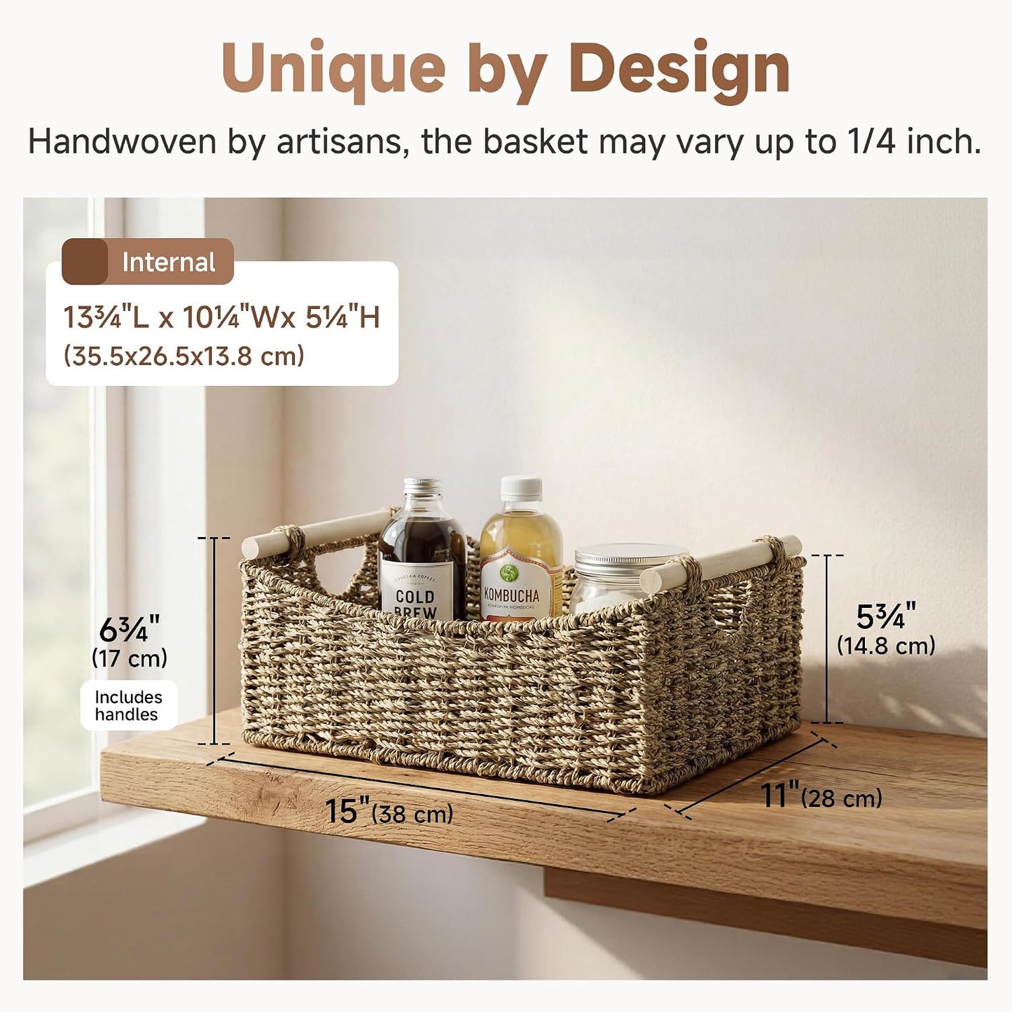 StorageWorks Wicker Baskets for Organizing, Water Hyacinth Storage Baskets with Handles, Woven Baskets for Pantry Storage, 13" x 8¼" x 7", 2-Pack