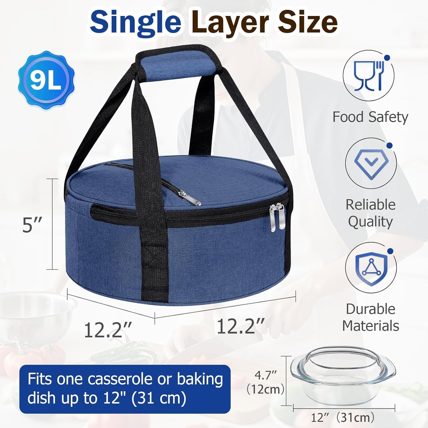 Round Insulated Casserole Carrier – 12" Portable Pie Carrier Bag for Hot or Cold Food, Leakproof Thermal Lunch Tote with Handle for Parties Picnic & Travel - Grey