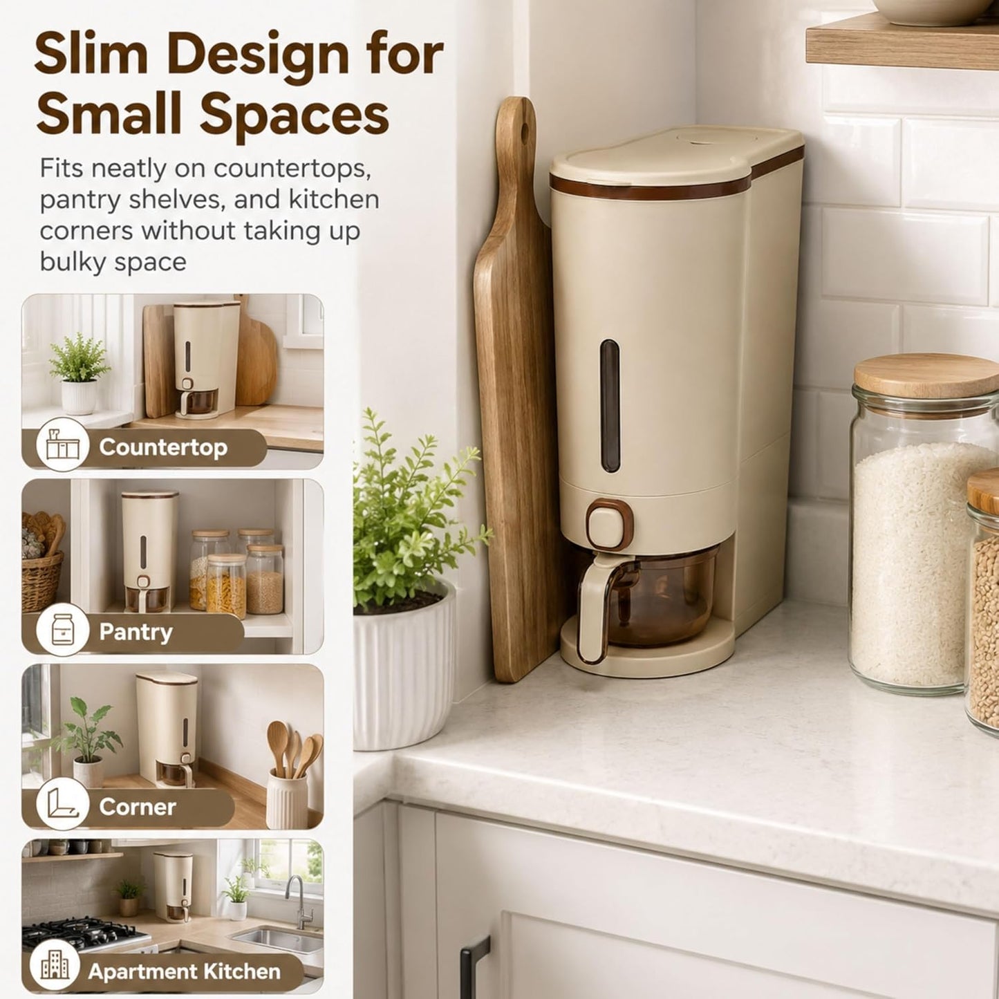 ROOM127 Slim Rice Dispenser 11 Lbs, Airtight Rice Storage Container with Measuring Cup, One-Touch Dry Food & Cereal Dispenser with Clear Window for Kitchen Countertop, Milk Tea Brown
