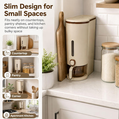 ROOM127 Slim Rice Dispenser 11 Lbs, Airtight Rice Storage Container with Measuring Cup, One-Touch Dry Food & Cereal Dispenser with Clear Window for Kitchen Countertop, Milk Tea Brown