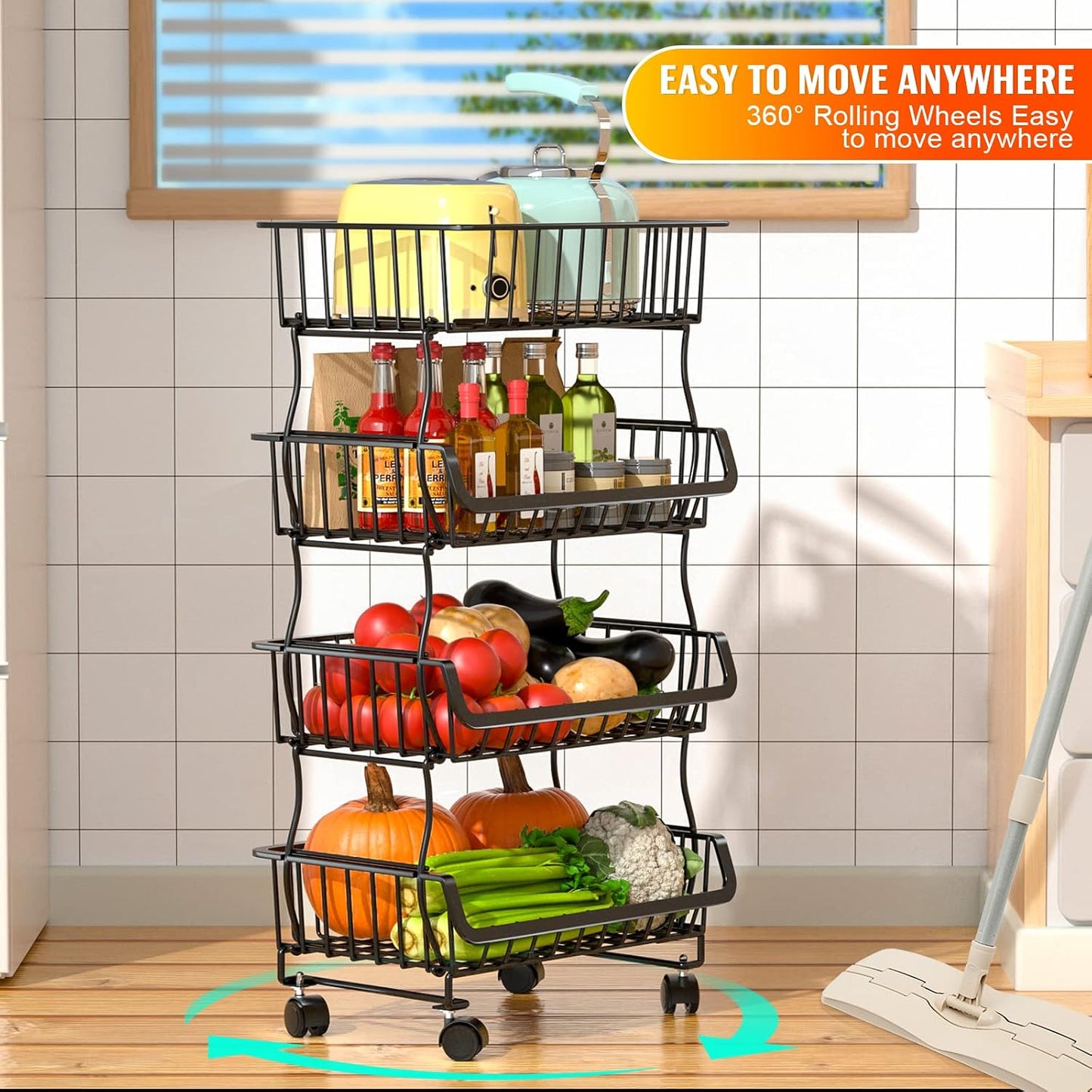 Gsiekare 3-Tier Rolling Pantry Organizer and Storage Cart with Wheels | Stackable wire pantry baskets for pantry shelves, fruit basket stand, easy to move, storage rack for food snack onion potato