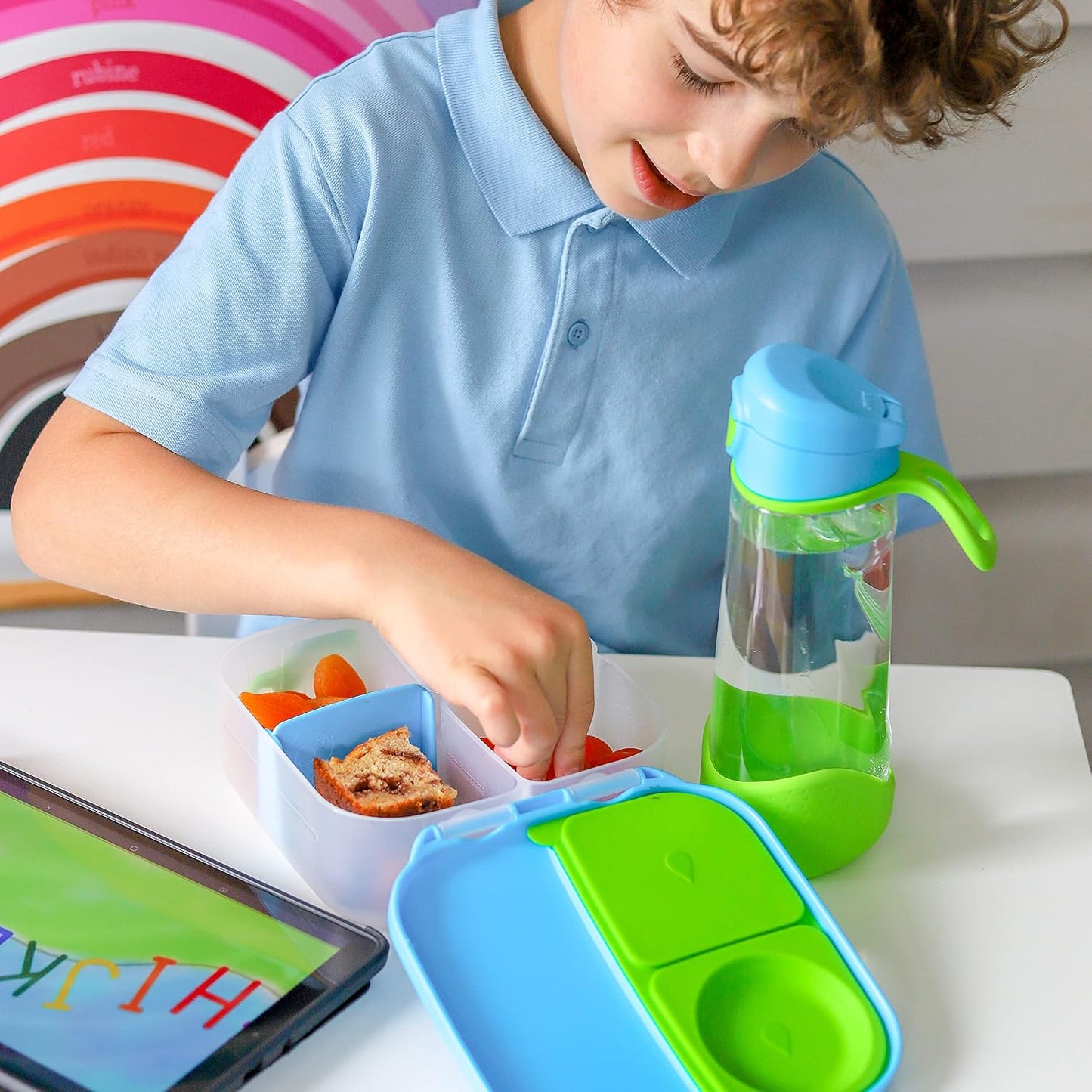 b.box Mini Lunch Box 2-Pack, Leak Proof Bento Box for Kids, 3 Compartment Snack Containers Ages 3+, Lunchbox for Daycare + School, Dishwasher Safe, BPA-Free, PFAS-Free, 4.25 Cup - Blue + Green