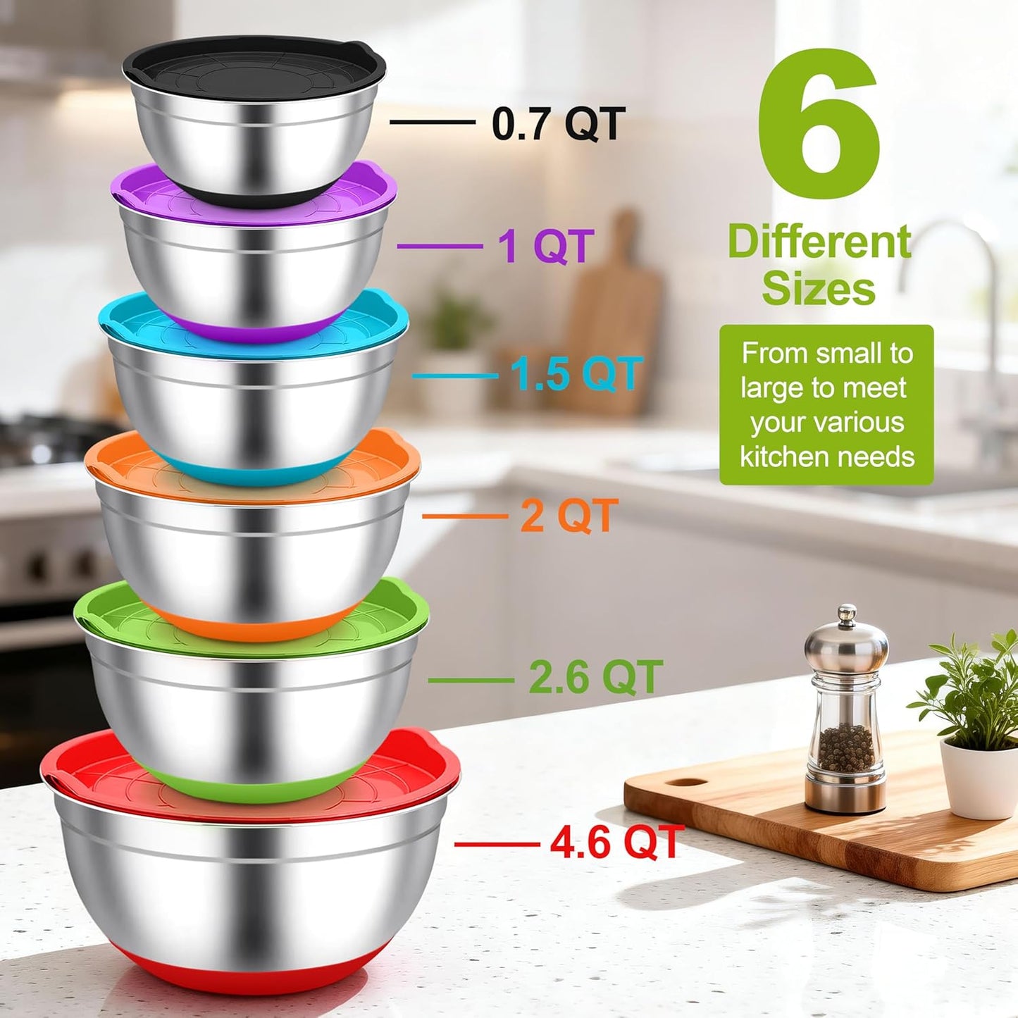 TeamFar Mixing Bowls, Stainless Steel Mixing Bowls with Lids, Nesting Salad Bowls with Air-tight Lids & Non-slip Bottom, Dishwasher Safe & Stackable, Set of 6-4.6/2.6/2 / 1.5/1 / 0.7 Qt
