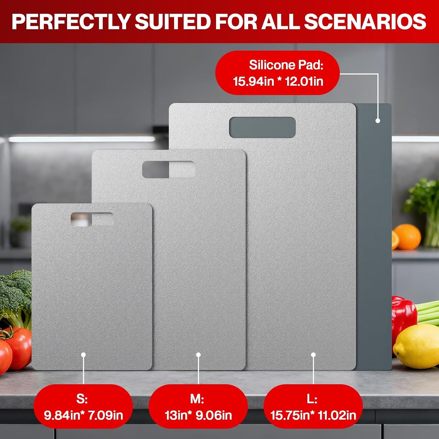 Titanium Cutting Board Set of 3, 100% Pure Titanium Food-Grade Cutting Boards for Kitchen with Silicone Pad, Ideal Cooking Camping Cutting Tool, Double-Sided Design, Dishwasher Safe (S+M+L)