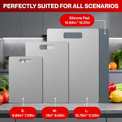 Titanium Cutting Board Set of 3, 100% Pure Titanium Food-Grade Cutting Boards for Kitchen with Silicone Pad, Ideal Cooking Camping Cutting Tool, Double-Sided Design, Dishwasher Safe (S+M+L)