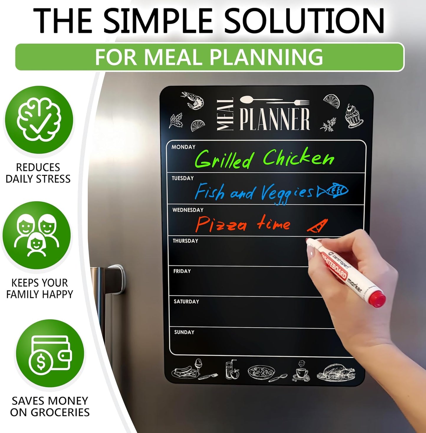 Weekly Dinner Menu Board for Kitchen A4-8.5x12 Black Magnetic Weekly Meal Planner for Fridge Dry Erase Weekly Menu Boards Magnetic Menu for Refrigerator Food Menu Boards Week Chalkboard Menu Board