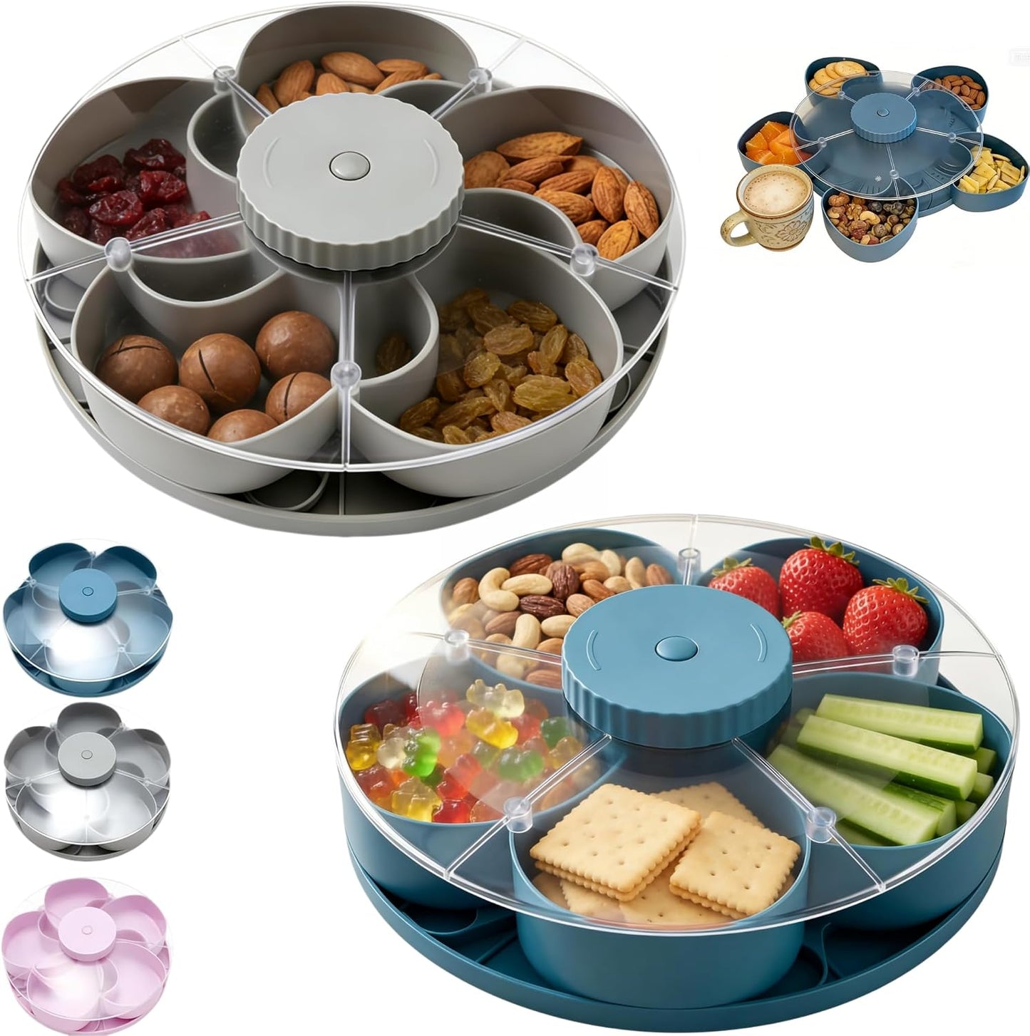 Divided Serving Tray that Spins with Lid, 5-Compartment Rotating Snack Container & Snackle Box, Lazy Susan Veggie Fruit Tray Organizer for Party Appetizers, Travel, Picnic (1PCS Gray)