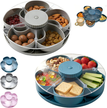 Divided Serving Tray that Spins with Lid, 5-Compartment Rotating Snack Container & Snackle Box, Lazy Susan Veggie Fruit Tray Organizer for Party Appetizers, Travel, Picnic (1PCS Gray)