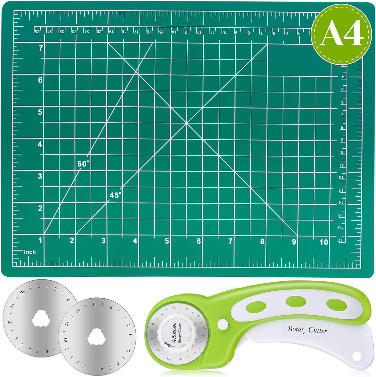 Rotary Cutter and Mat Set, Audab Self Healing Sewing Mats Shirt Cutter 45mm Fabric Cutter Wheel with 2 Blades Rotary Cutting Mat for Crafts Fabric Quilting Hobby (9" x 12" (A4)