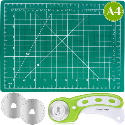 Rotary Cutter and Mat Set, Audab Self Healing Sewing Mats Shirt Cutter 45mm Fabric Cutter Wheel with 2 Blades Rotary Cutting Mat for Crafts Fabric Quilting Hobby (9" x 12" (A4)