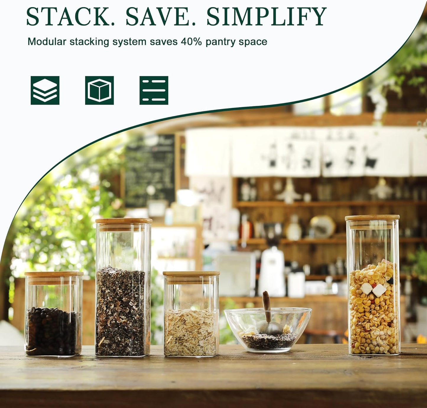 LIBWYS 12-Pack Square Glass Storage Jars with Bamboo Lids (0.6Qt/1.06Qt) - Stackable Food Containers for Pantry Organization, Coffee, Flour, Snacks, Tea | Kitchen Canisters Set
