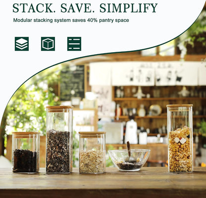 LIBWYS 12-Pack Square Glass Storage Jars with Bamboo Lids (0.6Qt/1.06Qt) - Stackable Food Containers for Pantry Organization, Coffee, Flour, Snacks, Tea | Kitchen Canisters Set
