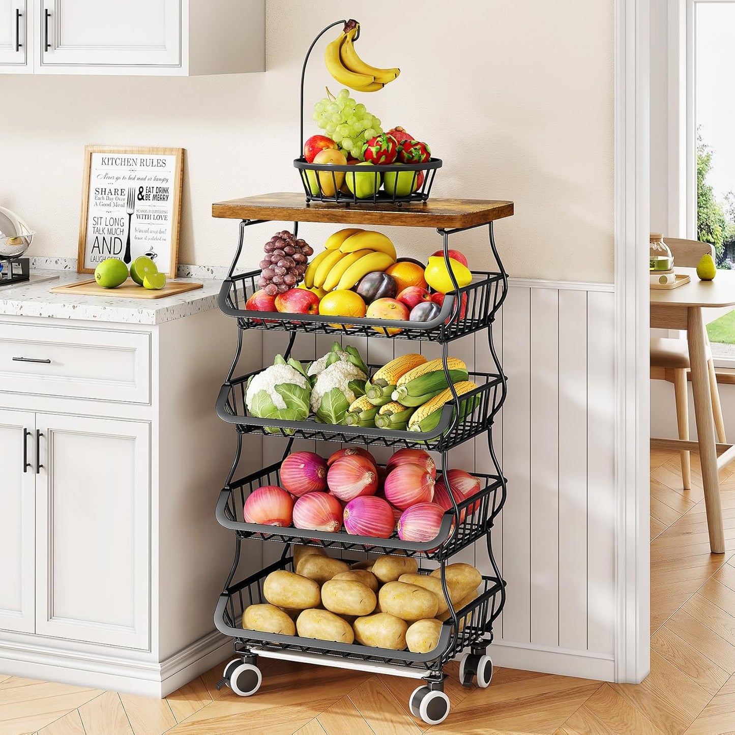 SAYZH Fruit Basket Kitchen Pantry Organizers and Storage - Wooden Top Table, Stackable Metal Wire Basket Stand Cart for Fruit Vegetable Snacks Onion Potato Organization (White, 5 Tiers)