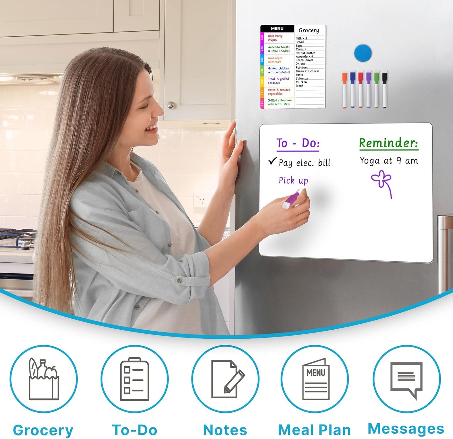 Magnetic Blackboard for Fridge - Dry Erase Black Board for Home, Office & Classroom (11.5" x15”), Menu Board for Kitchen Fridge - Family Meal Planner (7" x9”) - 6 Fine Tip Magnetic Markers & Eraser
