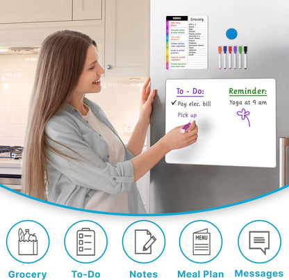 Magnetic Blackboard for Fridge - Dry Erase Black Board for Home, Office & Classroom (11.5" x15”), Menu Board for Kitchen Fridge - Family Meal Planner (7" x9”) - 6 Fine Tip Magnetic Markers & Eraser