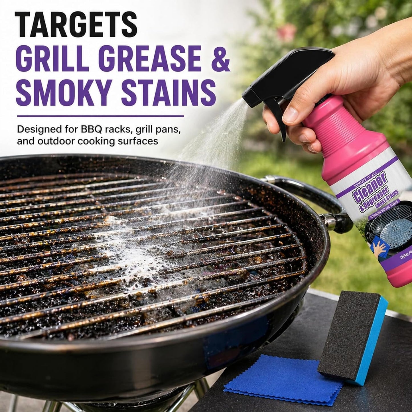 BBQ Grill Cleaner Spray, Heavy Duty Grill Degreaser for Grease, Burnt Food & Smoky Stains, Stainless Steel Cleaner for Outdoor Grill, Grates, Stove Top, Range Hood & Kitchen Surfaces, 120ml (2PCS)