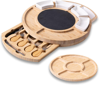 Elegant Bamboo Cheese Board Set: Appetizer & Charcuterie Platter with Drawers, Forks, Knives, Wine Key, Fruit Tray – Perfect Housewarming, Wedding & Bridal Gift.