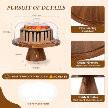 Bellsal Cake Stand with Dome Lid, 12in Acacia Wood Cake Plate with Cover, Wooden Cake Display Stand with Acrylic Dome, Cake Decorating for Baking Gift