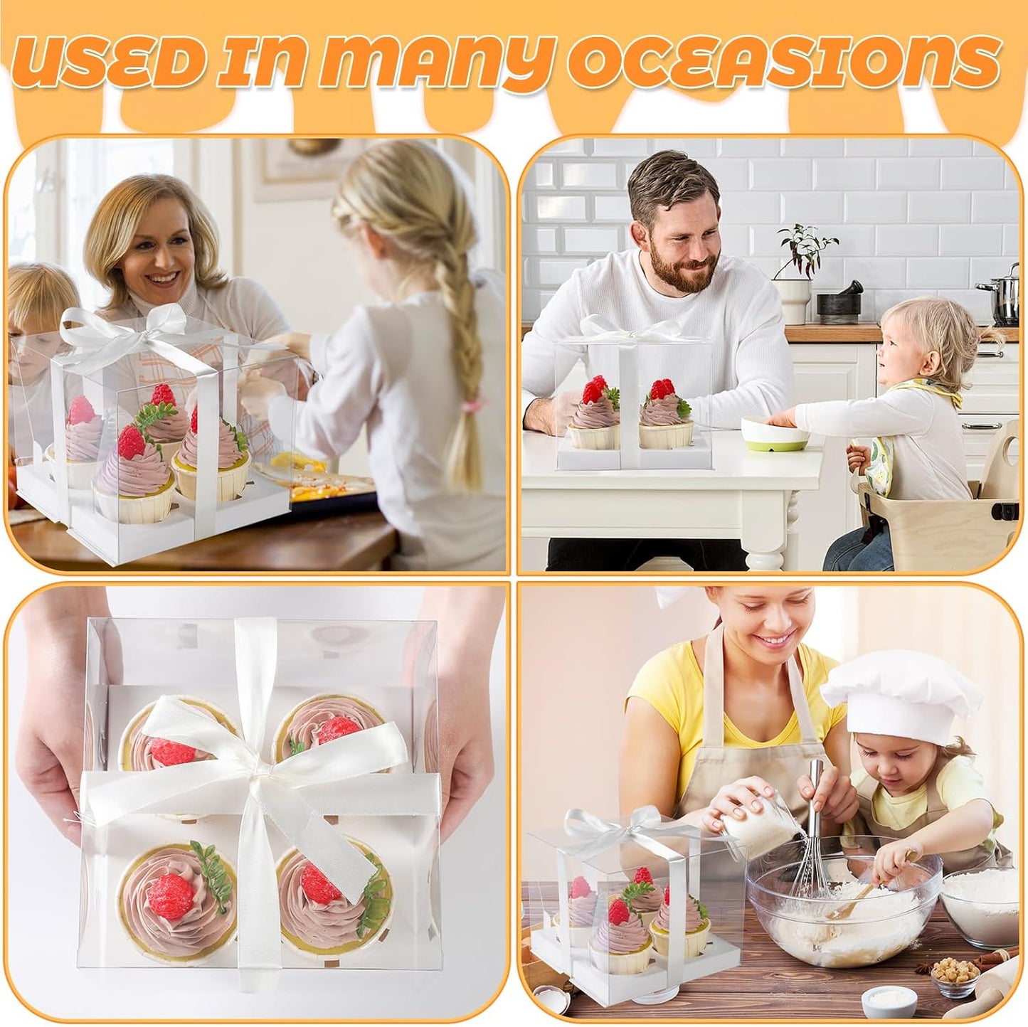 JCD 4 Pack Clear Cupcake Boxes, Plastic Cupcake Containers with Gift Ribbon, 5.5inches height Holder 6 Count Cup Cake Boxes for Parties, Baking, Wedding, Transport (6count/4pcs)
