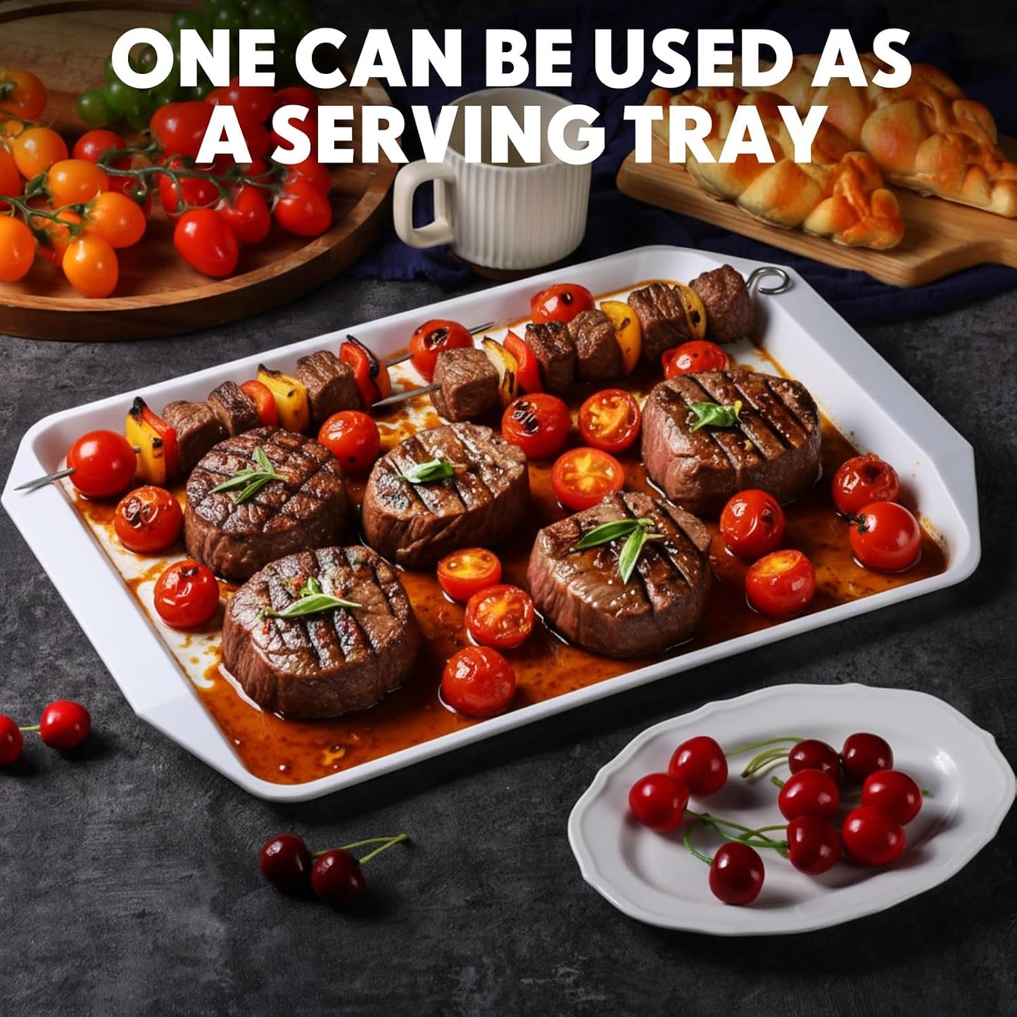 DoubleFill Set of 4 Grilling Prep and Serve Trays, 17x12 Inch 14x10 Inch Large BBQ Platter for Raw and Cooked Food Plastic Grill Tray, Black and Red Stackable Defrosting Grill Prep and Carry System