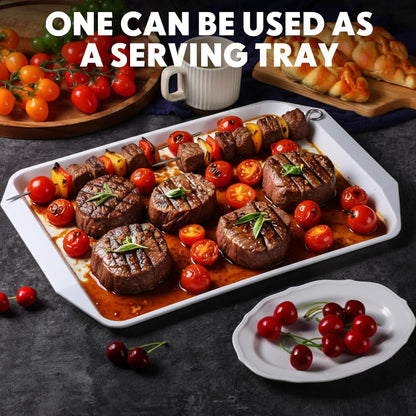 DoubleFill Set of 4 Grilling Prep and Serve Trays, 17x12 Inch 14x10 Inch Large BBQ Platter for Raw and Cooked Food Plastic Grill Tray, Black and Red Stackable Defrosting Grill Prep and Carry System