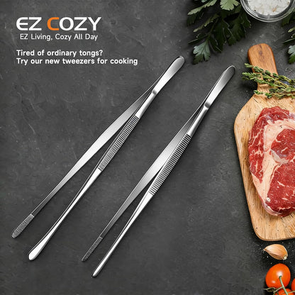 Kitchen Tweezers 2PC Cooking Tongs Set, Stainless Steel Food-Grade 12" Long Tweezers, Pointed & Rounded Tip Metal Tongs for Cooking, Kitchen Gadgets for Grilling, BBQ, Pasta, Food Serving