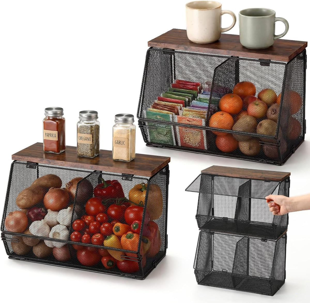 Teenyyou 2 Pcs Stackable Mesh Fruit Basket with Lid Wall Produce Vegetable Storage Basket Onion Potato Hanging Metal Wire Container for Kitchen Counter Pantry(Non-removable,Black,8.3" w & 13.8" l)