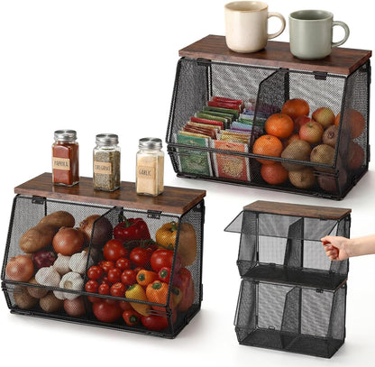 Teenyyou 2 Pcs Stackable Mesh Fruit Basket with Lid Wall Produce Vegetable Storage Basket Onion Potato Hanging Metal Wire Container for Kitchen Counter Pantry(Non-removable,Black,8.3" w & 13.8" l)
