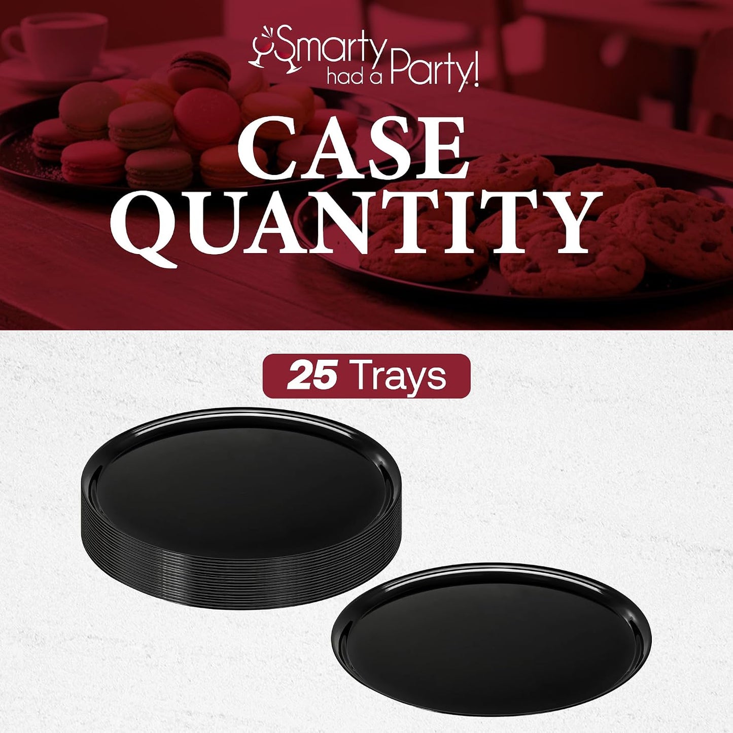 Smarty Had A Party 12 Inch Black Round Plastic Serving Tray – Heavy-Duty Party Platters & Catering Trays, Reusable or Disposable Plastic Trays for Serving Food, Elegant Party Tray Set of 25