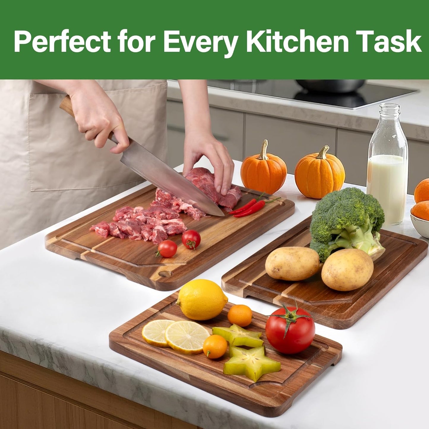 Wood Cutting Board Set of 4, Wooden Chopping Boards with Food Icons for Kitchen, Charcuterie Board for Meat, Vegetables, Fruits, Cheese