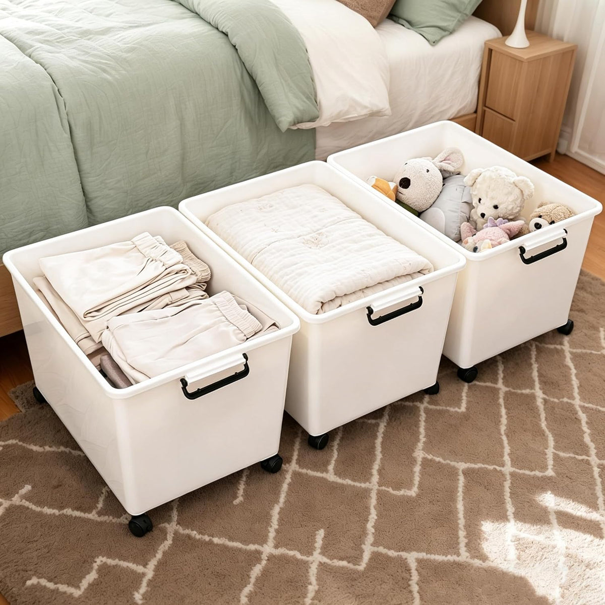 Large Stackable Plastic Storage Bins with Wheels, 3-Pack 60 Quart White Thickened Latching Lid Containers with Lockable 360° Casters for Home, Office, Bathroom, and Dorm Organization