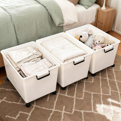 Large Stackable Plastic Storage Bins with Wheels, 3-Pack 60 Quart White Thickened Latching Lid Containers with Lockable 360° Casters for Home, Office, Bathroom, and Dorm Organization