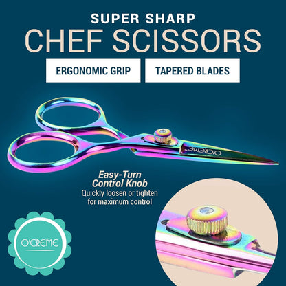 O'Creme Set of Culinary Tweezer Tongs Offset, Straight and Curved, Plus Super Sharp Chef Scissors, Total 6 Pieces (Rose Gold)