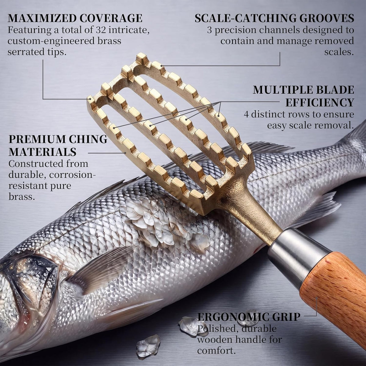 2 Pcs Brass & Wood Fish Scale Remover, Fish Cleaner Descaler Tool