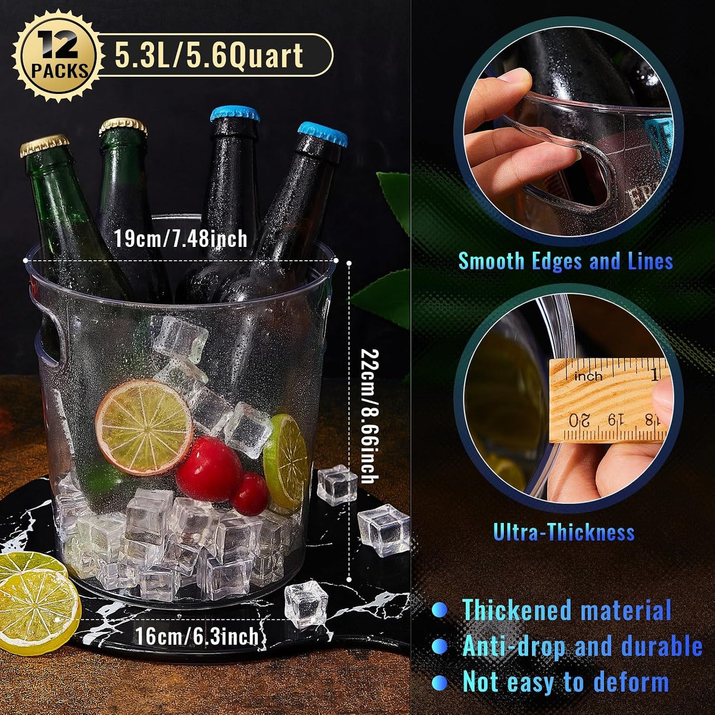 Tessco 12 Pcs Plastic Ice Buckets Bulk Clear Champagne Beer Bucket Cooler with Built in Handle Stackable Beverage Tubs Wine Chiller Bin for Party BBQ Bar Wedding Pool Outdoor Event(3.2L/3.3Quart)
