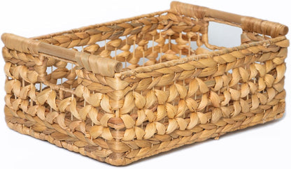 NAYA 11.6" Water Hyacinth Medium Wicker Shelf Basket – Storage Bin | Handwoven water hyacinth shelf basket with sturdy handles for pantry, towels and everyday home organization.