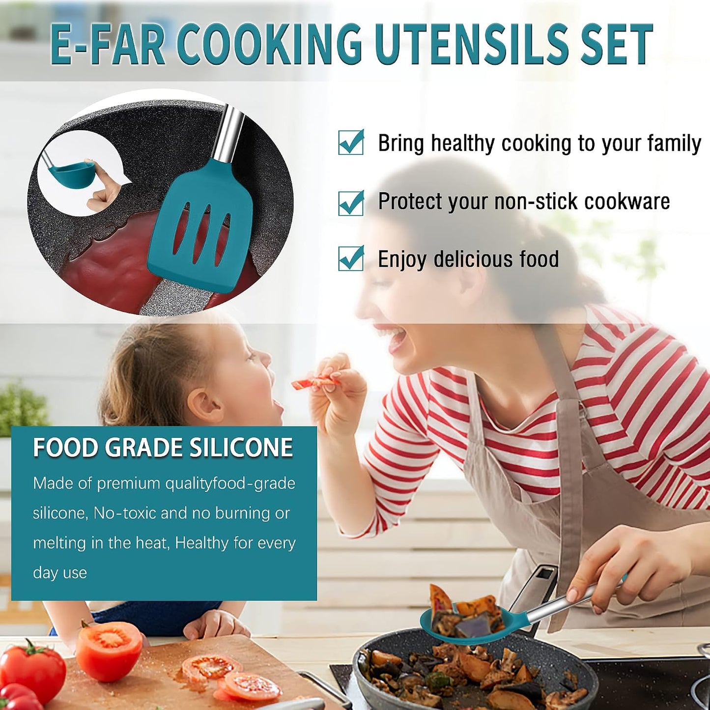 E-far Silicone Cooking Utensils Set, 7 Pcs Heat Resistant Kitchen Utensils with Stainless Steel Handle, Slotted Turner, Spoon, Soup Ladle, Pasta Server, Skimmer, Tongs for Nonstick Cookware, Black