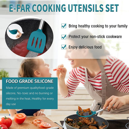 E-far Silicone Cooking Utensils Set, 7 Pcs Heat Resistant Kitchen Utensils with Stainless Steel Handle, Slotted Turner, Spoon, Soup Ladle, Pasta Server, Skimmer, Tongs for Nonstick Cookware, Black