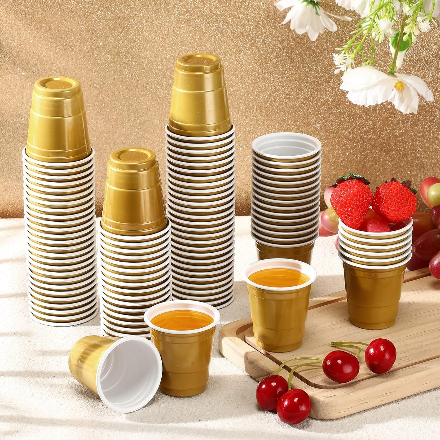 Roshtia 100 Pack 2 oz Plastic Shot Cups, Mini Disposable Shot Glasses 2 oz Wedding Party Cups for Bridal Shower Wedding Party, Beer Taste Serving, Snacks(Black, Gold)