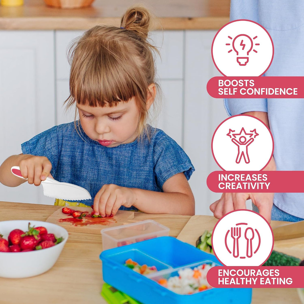Zulay Kitchen 3-Piece Kids Knife Set for Real Cooking & Baking - Toddler Knives for Cutting Fruits, Veggies, & Cake - Children’s Montessori Knive with Serrated Edges - Safe & Fun Lettuce Knife (Red)