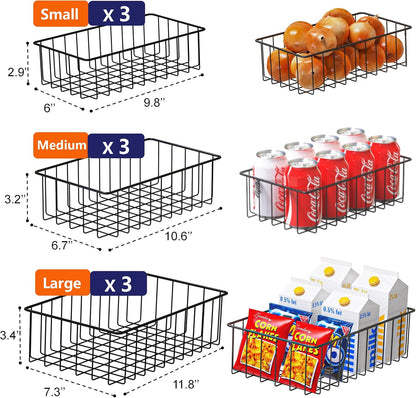 Joben Oligey 12 PACK (3 Szie) Small Wire Storage Baskets for Organizing,Pantry Organization Bins for Cabinets, Metal Basket for Kitchen, Bathroom Organizer (Black)